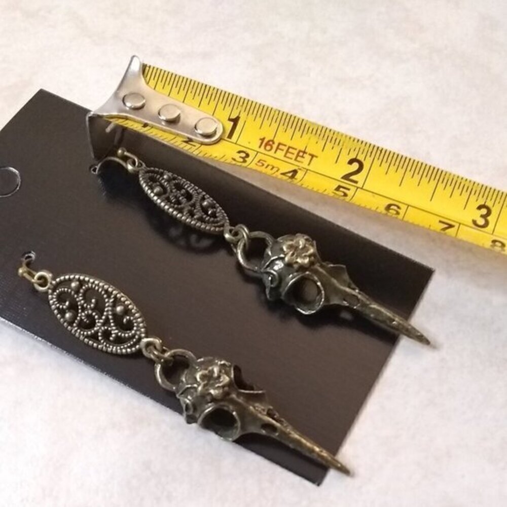 Bronze Bird Skull Earrings - Goth Pagan Raven Crows Occult Forest Witch Goddess - Picture 7 of 10